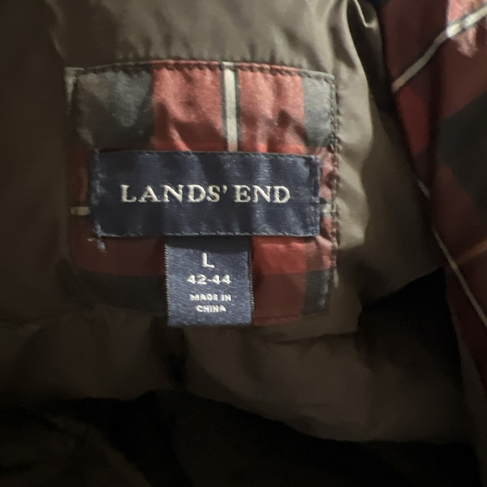 Lands End Down Snap Button Puffer Vest Red Rust Brown Plaid Mens Large 42-44 - Picture 4 of 8